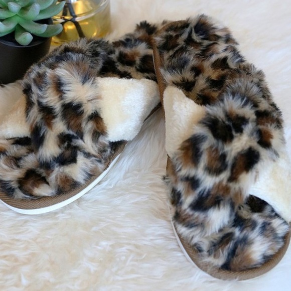 Fur Leopard Slippers Brown & Tan - Picture 1 of 10